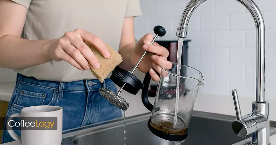 شست‌وشوی فرنچ پرس استیل و شیشه‌ای با توری تمیز
