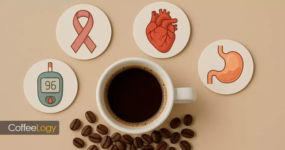 تاثیر قهوه بر بیماری؛ فنجان قهوه کنار نماد قلب و مغز